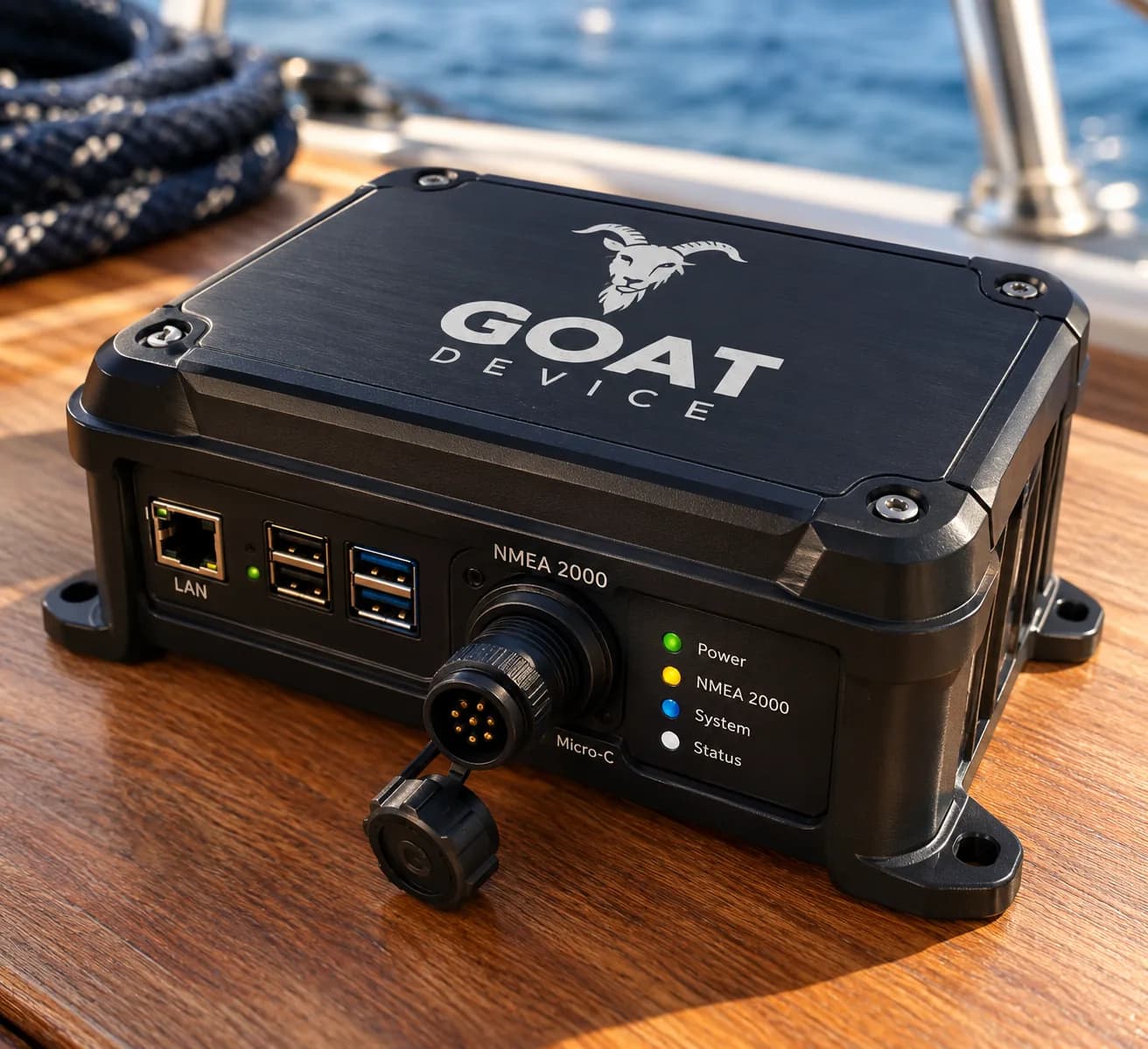 The GOAT device on deck: LAN, USB and NMEA 2000 Micro-C ports with Power, NMEA 2000, System and Status lights