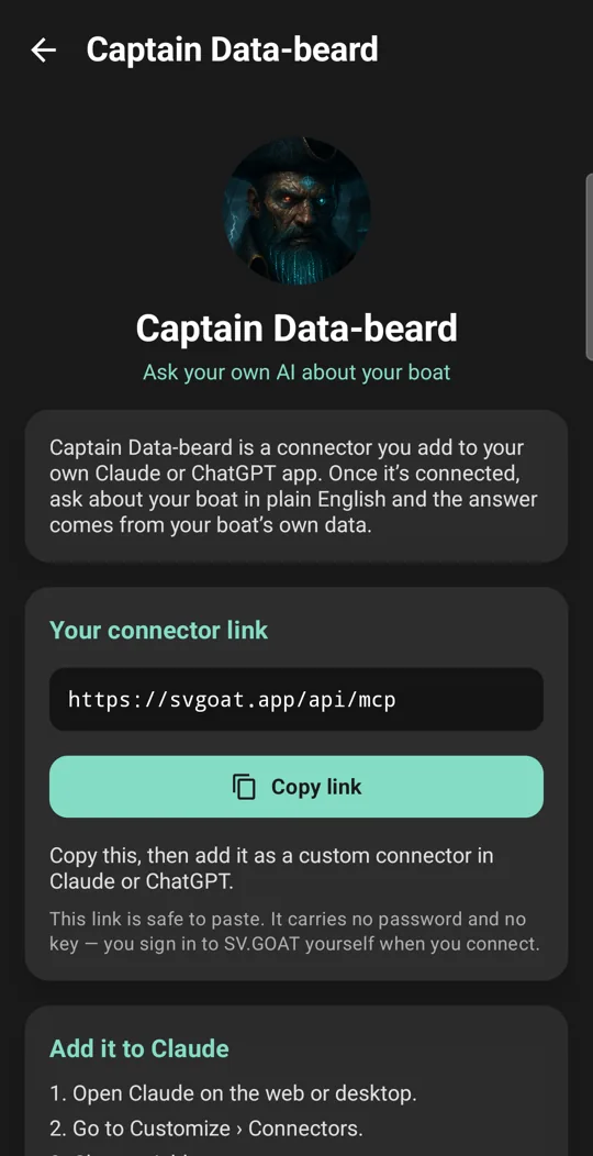 Captain Data-beard setup screen with the connector link