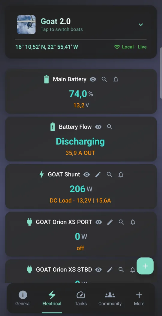 Electrical screen: main battery, battery flow and the GOAT shunt